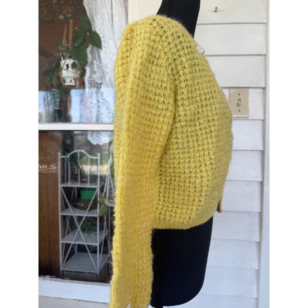 Vintage 50's Serbin Yellow Wool Womens Cardigan Sweater Yellow Siz M - Picture 2 of 14